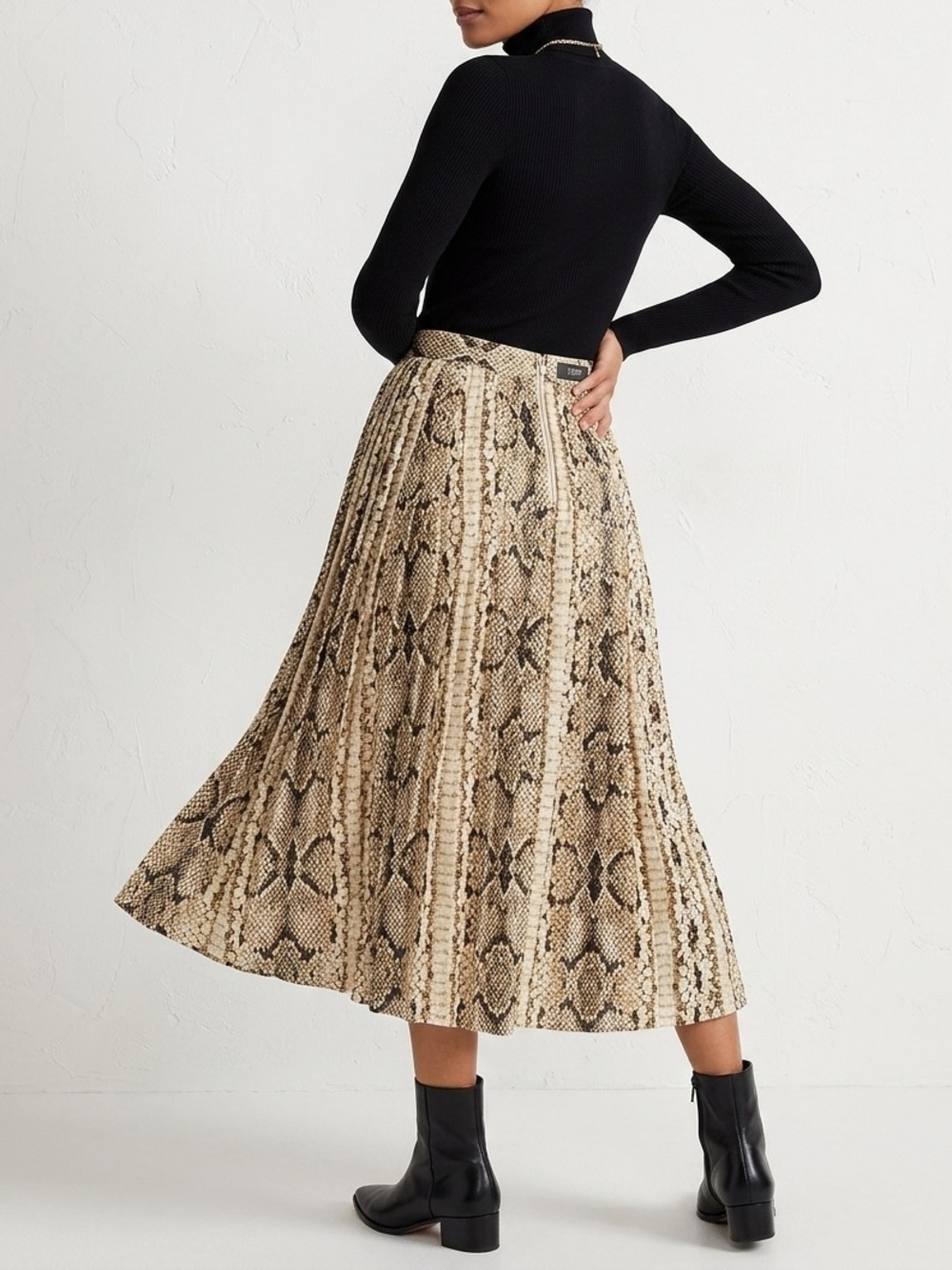 J. Crew Pleated Snake-Print Midi Skirt in Beige and Black